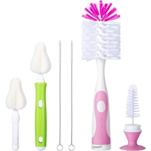 Baby Bottle Brush with One Base Hidden Nylon Nipple Cleaner, 2 Pcs Sponge Nipple Brushes, 2 Pcs Straw Brushes, Bottle Brush with Nipple Cleaner and Suction Cup (Pink)