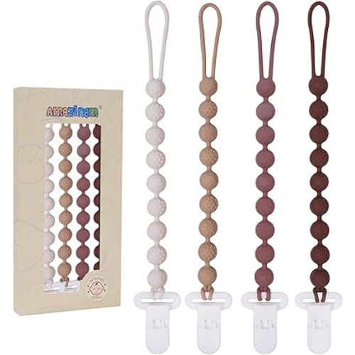 One Piece Design Silicone Pacifier Clip Holder,Pack of 4 Flexible Paci Leash,Binky Clips with Textures for Baby Boys and Girls,Newborn Essential (Brown)