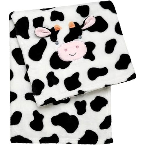 Embroidered Cow Plush Novelty Baby Blanket, Black and White Print (30 in. x 40 in.), Farm Theme