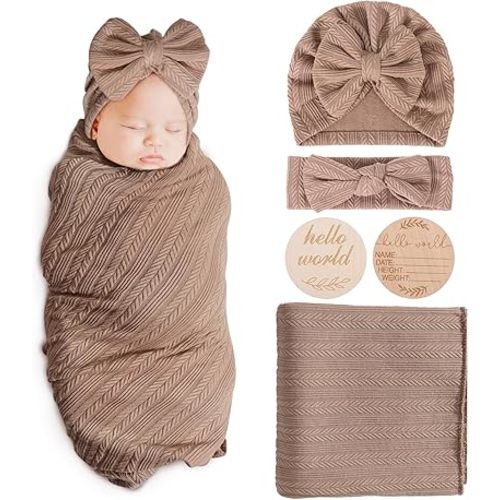 Newborn Receiving Blanket Wheat-Pattern Baby Girl Swaddles Wraps with Bow Hat Headband Wooden Card for Newborns Toddler Gift Baby Essentials