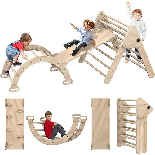 Baoniu Foldable Climbing Triangle Ladder Toys with Ramp for Sliding or Climbing, Set of 3 Wooden Safety Sturdy Kids Play Gym, Indoor Outdoor Playground Climbing Toys for Toddlers