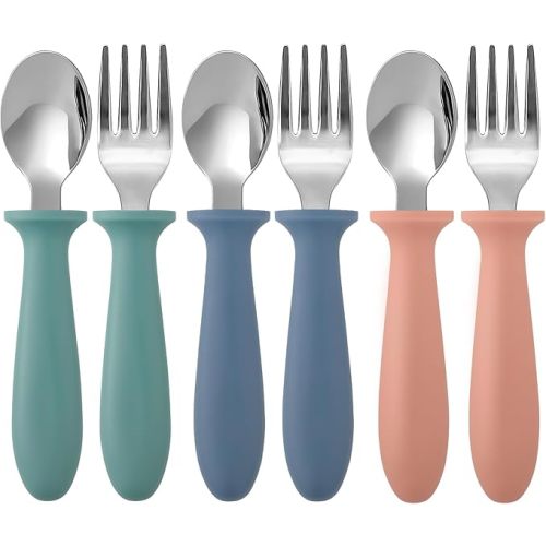 6 Pieces Toddler Utensils, Kids Silverware Set with Plastic Handle Stainless Steel Children Forks and Spoons, Dishwasher Safe