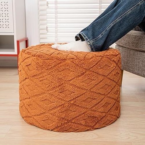Fluffy Round Ottoman Pouf with All-in-One Foam Filling 20" x 14" Furry Ottoman Foot Rest Foot Stool for Living Room or Bedroom (Burnt Orange)