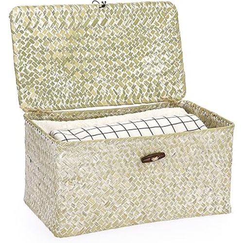 Hipiwe Seagrass Storage Basket Bins with Lid, Handwoven Wicker Shelf Baskets Bin Rectangular Household Basket Organizer Boxes for Shelf Closet Bedroom Home Decor, Whitewash Medium