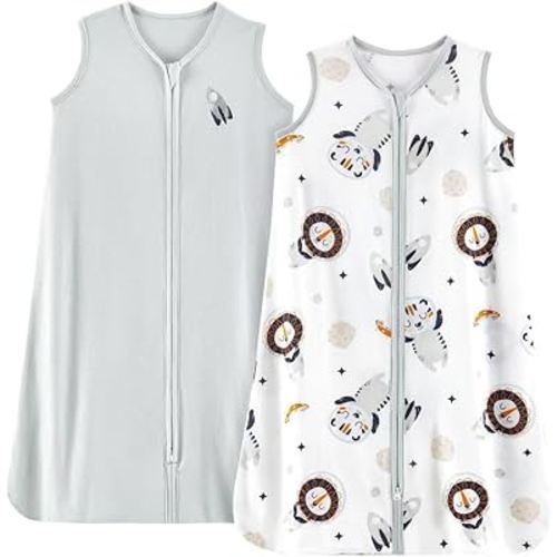 TILLYOU Sleep Sack 0-6 Months - 0.5 TOG Baby sleep sacks with 2-Way Zipper, Lightweight Cotton Summer Sleepsack 2 Pack, Space Mystery and Gray