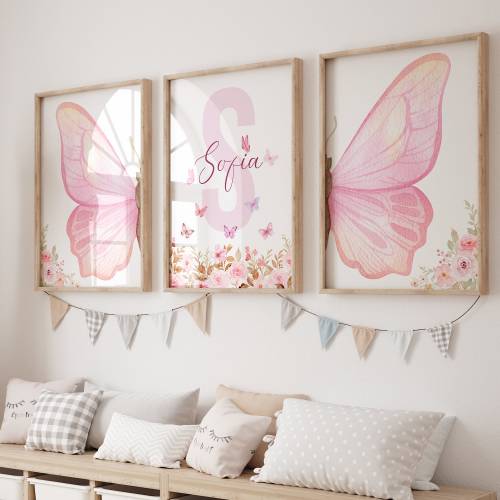 Custom Pink Butterfly Nursery Print, Butterfly Wall Art, Pink Flowers and Butterfly, Wildflowers Print, Butterfly Decor, Floral Nursery Art