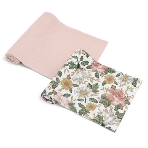 Sweet Jojo Designs Baby Girl Muslin 100% Cotton Swaddle Blankets Set Vintage Floral Pink Yellow and Green 2pc