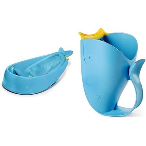 Skip Hop Baby Bath Tub, 3-Stage Smart Sling Tub, Moby, Blue & Baby Bath Rinse Cup, Moby Tear-Free Waterfall Rinser, Blue
