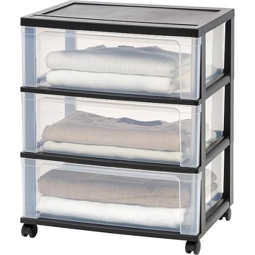 IRIS USA Plastic Drawer Storage Organizer Rolling Cart, with Wheels Casters, 3-Drawers, for Art Craft Supplies Dresser Closet Bathroom Dorm Bedroom Laundry Room, Wide, Black