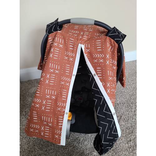 Baby Car Seat Canopy, Rust Aztec w/ Black, Personalized Baby Shower Gift, Baby Boy Car Seat Cover READY TO SHIP