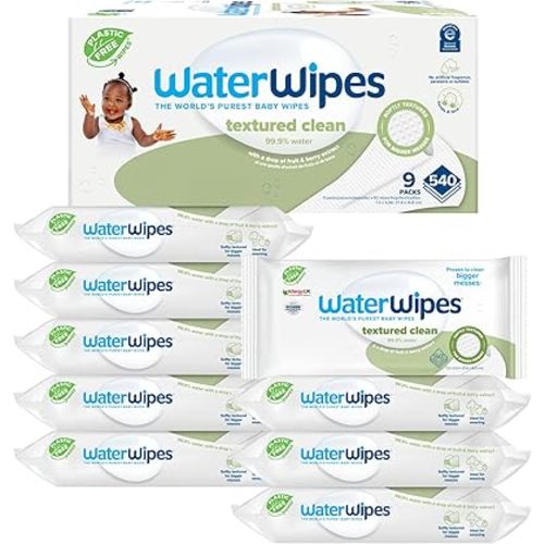 WaterWipes Plastic-Free Textured Clean, Toddler & Baby Wipes, 99.9% Water Based Wipes, Unscented & Hypoallergenic for Sensitive Skin, 540 Count (9 packs), Packaging May Vary