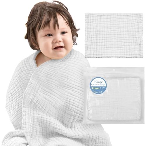 L'Ange Baby Bath Towel - 9 Layers 100% Cotton Muslin, Super Quick Dry, Medical Grade Packaging for Infants and Newborns - 28 x 37in - White
