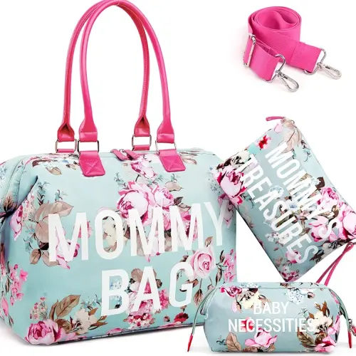 LitBear Mommy Bag for Hospital, Hospital Tote for Labor and Delivery, Large Capacity Waterproof Mommy Organizer, Multifunction Overnight Tote for Women, Mom Bag with Straps (Blue Floral)