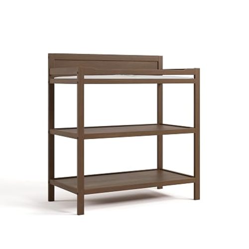 Storkcraft Alpine Changing Table (Hazelnut) - Includes Water Resistant Changing Pad with Safety Strap, 2 Open Shelves for Storage