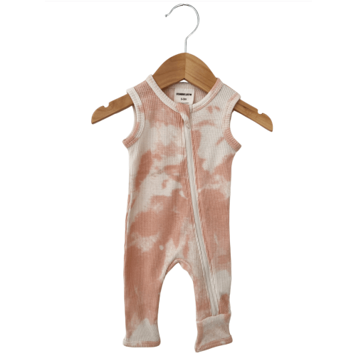 Organic Waffle Sleeveless Zip Romper, Pink Lemonade Tie Dye