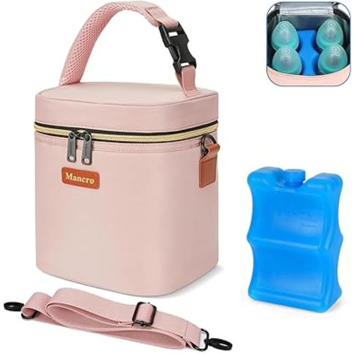 Mancro Baby Bottle Bag for Breastmilk, Breast Milk Cooler Bag with Ice Pack Fits 4 Milk Bottles Up to 9 Ounce with Adjustable Shoulder Strap, Lnsulation Breast Milk Cooler Travel Gifts, Pink