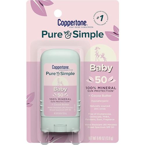 Coppertone Pure and Simple Baby SPF 50 Sunscreen Stick, Zinc Oxide Mineral Sunscreen, Baby Sunscreen Stick, Face Sunscreen, 0.49 Oz