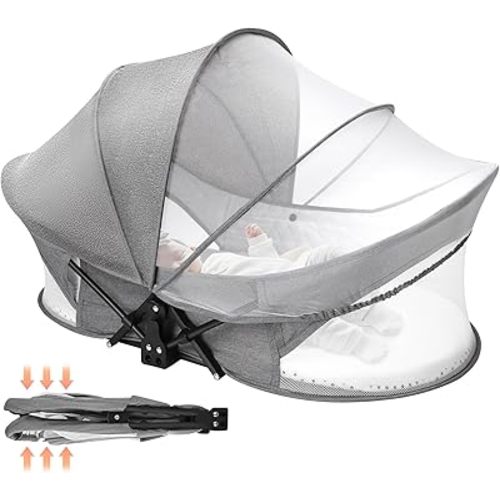 Portable Baby Travel Bassinet: Sturdy & Foldable Baby Bassinets with Storage Bag for Indoor & Outdoor - Baby Bed with 2-1 Mosquito Net & Sunshade Canopy Washable for Infant Newborn Gray