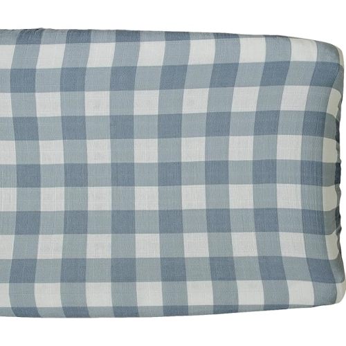 Mebie Baby Changing Pad Cover, Dusty Blue Gingham, 100% Muslin Cotton Changing Table Pad Cover for Boy and Girl, Designer Nursery Decor Covers, Diaper Changing Pad Cover for Changing Station