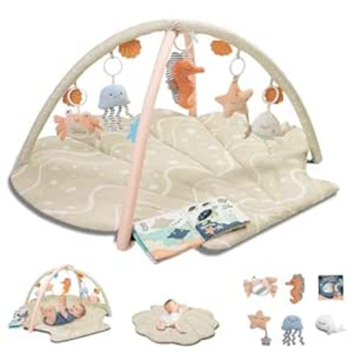 Baby Play Mat, Oversize Shell Tummy Time Mat with 6 Detachable Baby Activity Toys, Baby Gyms & Playmats for Babies 0-6 Months, Baby Essentials Mat for Floor Newborn Baby Shower Gifts (Beige)