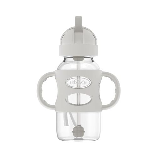 Dr. Brown's Milestones Wide-Neck Sippy Straw Bottle with 100% Silicone Handles and Weighted Straw, 9 oz/270 mL, Gray, 6m+ - 1 Pack, 9 oz, Gray