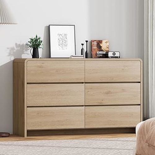 Dresser for Bedroom 6 Drawer Wood Dresser 47.3" Wide, Chest of Drawers for Bedroom, Living Room, Hallway, Entryway, Modern TV Stand Drawer Organizer, Light Oak