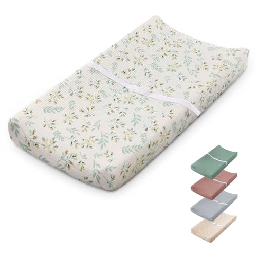 Blissful Diary Muslin Baby Changing Pad with Waterproof Lining Foam, Diaper Changing Table Pad with Cover for Dressers (Botanical Leaf, Rectangular)