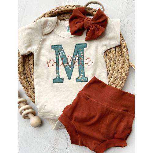 Vintage floral baby girl outfit with bummies, cottagecore baby girl outfit, personalized baby outfit, cinnamon, oatmeal, and teal