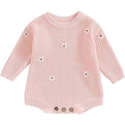 Newborn Baby Girl Knitted Sweater Romper Long Sleeve Embroidery Floral Onesie Bodysuits Warm Fall Winter Clothes