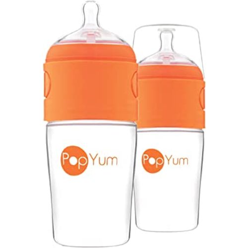 PopYum 9 oz Orange Anti-Colic Formula Making/Mixing/Dispenser Baby Bottles, 2-Pack with #2 Medium Flow Nipples, 260 ml, BPA-Free, Natural Latch