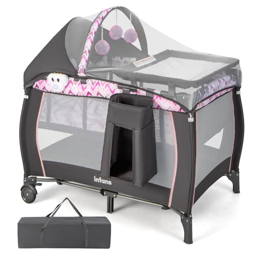 INFANS 4 in 1 Pack and Play, Portable Travel Baby Playard with Bassinet, Changing Table, Canopy, Mosquito Net, Hanging Toys, Music Box, Storage Bag, Large Playpen from Newborn to Toddlers (Pink)