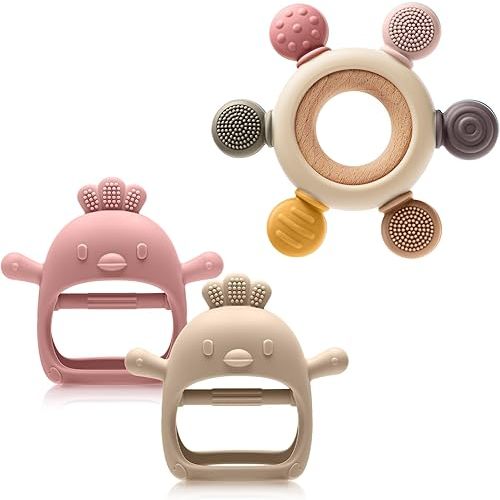 TOHIBEE Baby Sensory Teething Ring + Baby Teething Mitten for 0-6 6-12 Months