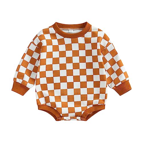 Karuedoo Baby Boy Girl Checkered Sweatshirt Romper Oversized Long Sleeve Bubble Romper Top Neutral Baby Fall Clothes