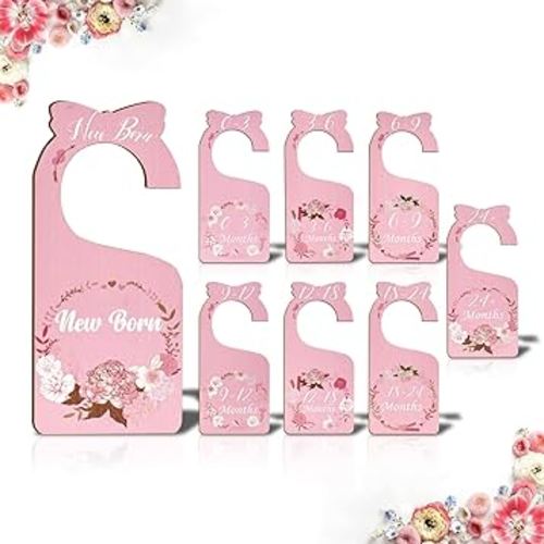 Baby Closet Dividers for Clothes Organizer, 8 Pack Pink Flowers Wooden Double-Sided Baby Clothes Size Hanger Organizer from Newborn to 24 Months for Daycare Wardrobe, Boho Nursery Decor