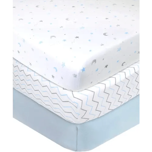 American Baby Company 3 Pack 100% Cotton Jersey Knit Fitted Crib Sheet for Standard Crib and Toddler Mattresses, Blue Star/Zigzag, for Boys and Girls