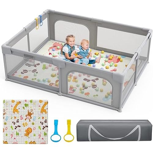 Baby Playpen with Mat Playpen for Babies and Toddlers 71×59 Inch Large Play Yard Side Gate Baby Fence Ball Pits Toddler Indoor Outdoor Infants Activity Center with Anti-Slip Base