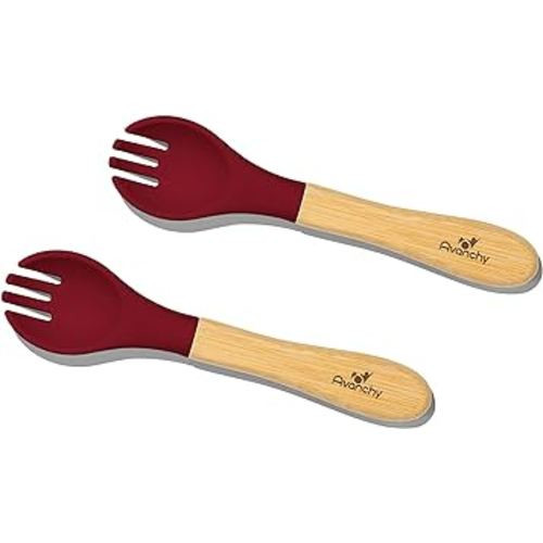 Avanchy Baby Fork Set, Bamboo and Silicone Spork Utensils, Toddler Baby Led Weaning Silverware Cutlery Flatware, Kids First Self Feeding