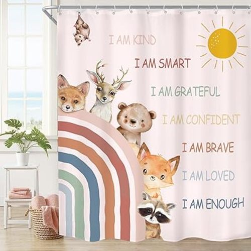 Imirell Kids Boho Rainbow Animal Shower Curtain 72Wx78H Inches Cute Inspirational Quotes Safari Woodland Sun Colorful Children Cartoon Sun Fabric Waterproof Polyester with 12 Pack Hooks Plastic