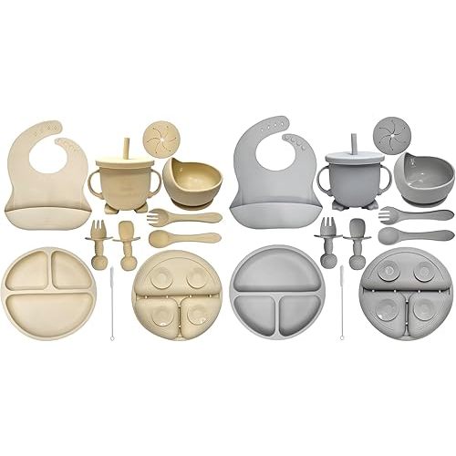 Baby Led Weaning Supplies Bundle | 20 Piece Silicone Feeding Set (Cloud & Cream) | Bibs, Cups, Divided Plates, Bowls, Self-Feeding Spoons & Dishes | Baby Utensils & Toddler Feeding Essentials