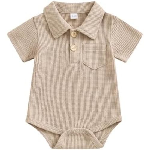 Lesimsam Newborn Baby Boy Clothes Waffle Knit Polo Shirt Romper Solid Color Button Up Short Sleeve Collared Bodysuit Outfit