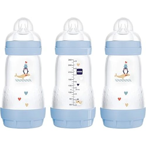 MAM 9oz Easy Start Anti-Colic Baby Bottles, Medium Flow, Breastfeeding-Like Silicone Nipple Bottle, Reduces Colic, Gas, & Reflux, Easy-to-Clean, BPA-Free, 2+ Months
