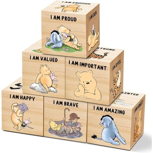 6 Pcs Inspirational Winnie Nursery Decor for Girls and Boys Wooden The Pooh Decorations Winnie Baby Table Wooden Decorations Winnie Shelf Decor for Bedroom Playroom Gifts 1.6 Inch