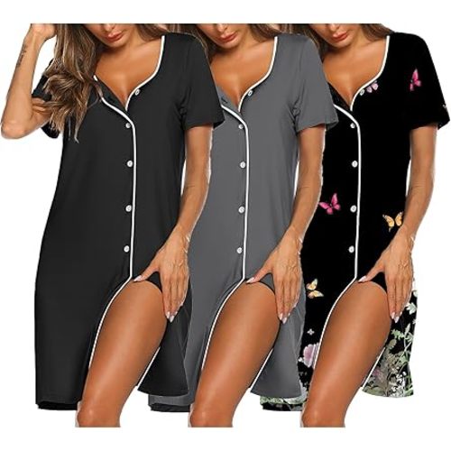 Ekouaer Nightgowns for Women 3 Pack Sleep Shirts Button Down Pajama Dress Short Sleeve Nightshirt Sleepwear Nightdress