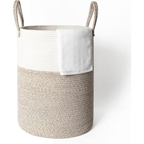 Large Woven Laundry Basket, 15”x18” Tall Blanket Basket Living Room, Cotton Rope Hamper for Bedroom Aesthetic, Baby Nursery, Wicker Hamper for Dirty Clothes, Kids Toy Laundry Storage Bin