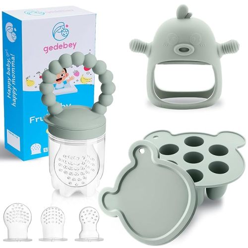 Baby Fruit Feeder Pacifier - 3 Pack | 1 Baby Food Feeder & 1 Baby Teether & 1 Baby Popsicle Molds | Breastmilk Popsicle molds | Baby Teething Toys | Silicone Baby Feeding Set | Baby Feeder (Pea Green) - 01. Pea Green - Set 1