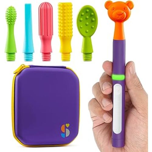 Special Supplies Buzz Buddy Oral Stimulation kit with 6 Soft Textured Interchangeable Heads, Calm Sensory Needs, Support Speech, and Stimulate Self Feeding, Gentle Vibrations (Purple)