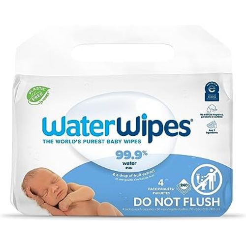 WaterWipes Plastic-Free Original-baby Wipes, 99.9% Water Based Wipes, Unscented & Hypoallergenic for Sensitive Skin, 240 Count (4 packs), Packaging May Vary