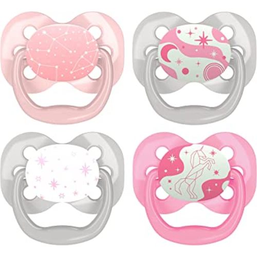 Dr. Brown's Advantage Glow-in-the-Dark Pacifier, 100% Silicone Baby Paci Symmetrical Soother, 0-6m, BPA free, Pink, 4 Pack