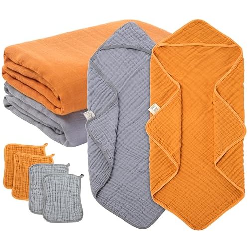 PULKRIFY 8 Pcs Essentials Set - 100% Muslin Cotton Hooded Bath Towels, Swaddle Blankets, Wash Cloths - Extra Soft & Highly Absorbent for Newborns, Infants, Toddlers