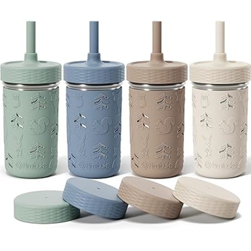 Fimibuke Toddler Cups Spill Proof, 12 OZ Sippy Cups for Kid Girl Boy, Stainless Steel Tumbler with Lid, Removable Silicone Straw & Sleeve, BPA Free Dishwasher Safe Water Bottle Snack Container 4 Pack